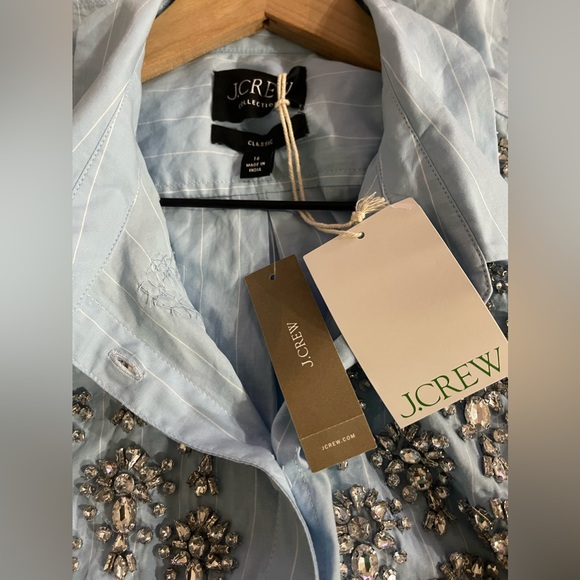 NWT J. Crew Collection Baby Blue White Pinstripe Embellished Crop Shirt Size 16 - Picture 9 of 11